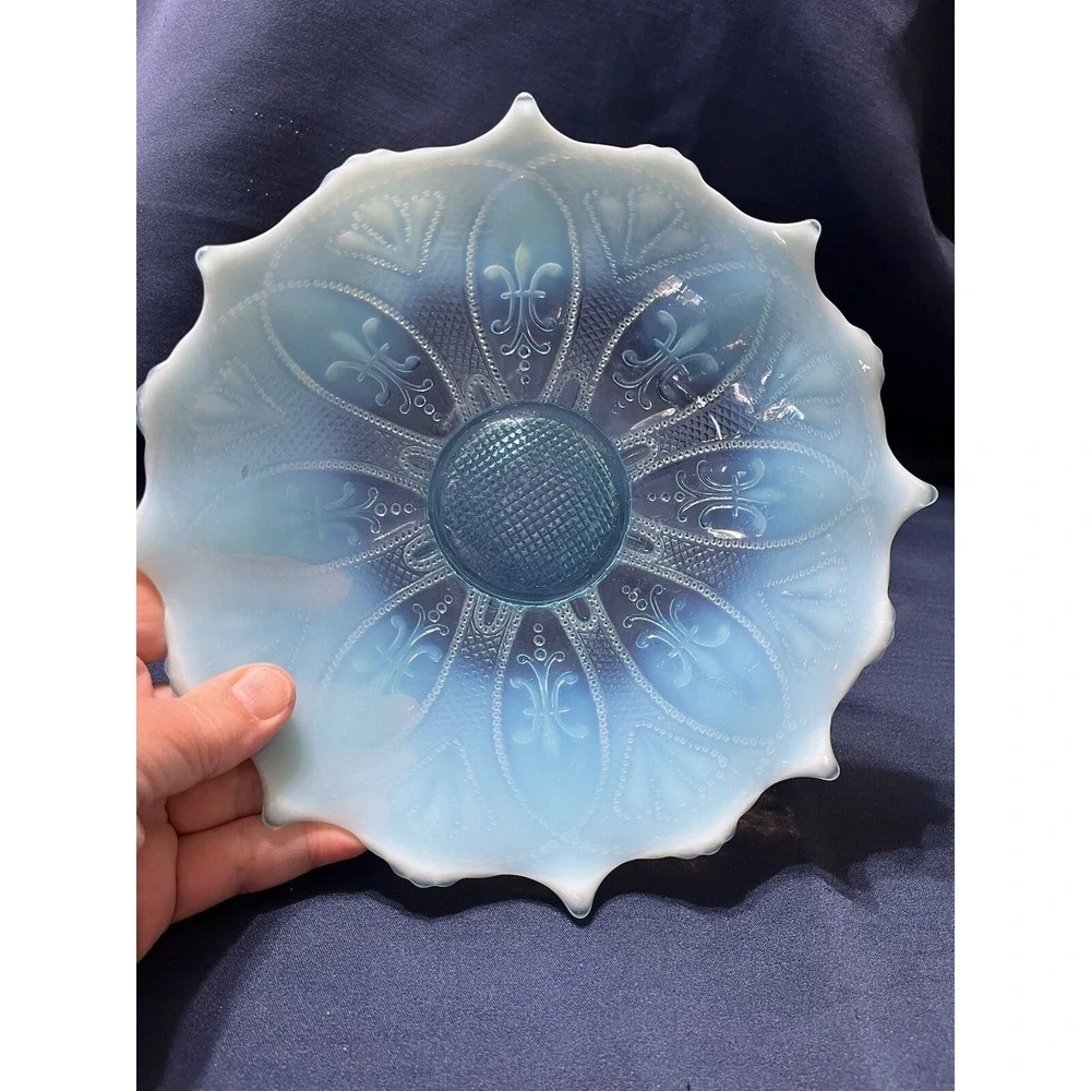 Vintage Blue Opalescent Glass Candy Serving Dish Fleur-de-lis Design - Picture 3 of 10